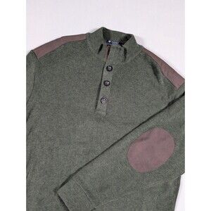 Cremieux Collection Sweater Mens L Green Henley Suede Shoulder Elbow Patch